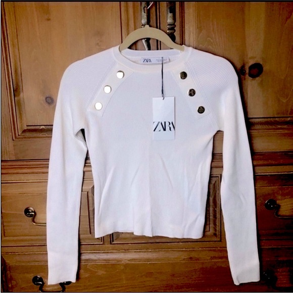 Zara white ribbed fitted crew neck sweater top - Picture 1 of 3